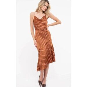 Brown Polka Dot Midi Dress With Spaghetti Straps By J.O.A.  Size M